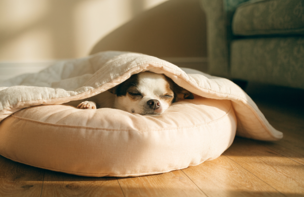 Small dog sleeping under the hood of a covered donut bed