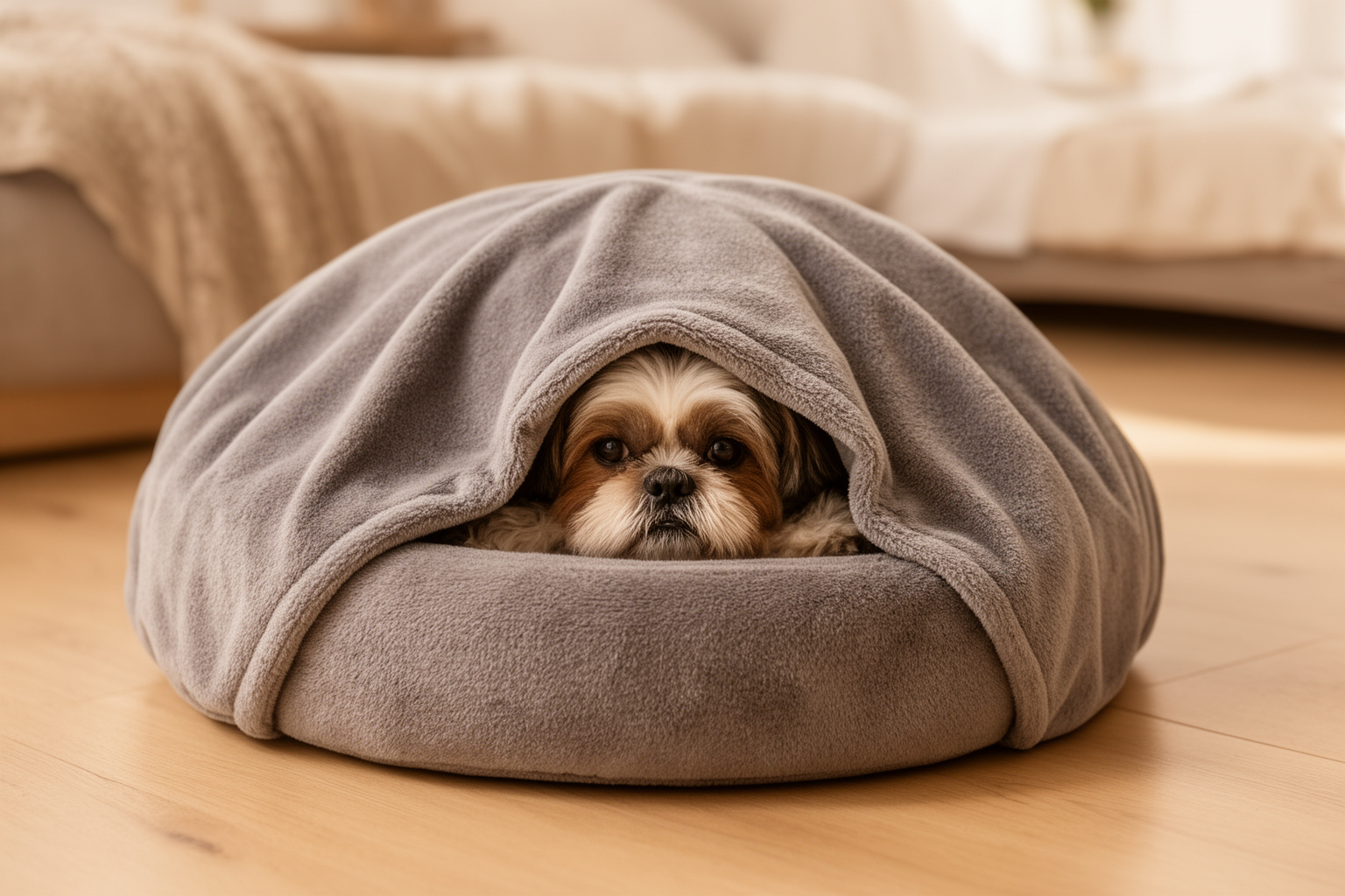 A round covered dog bed with a soft grey hood, a Shih Tzu peeking out.