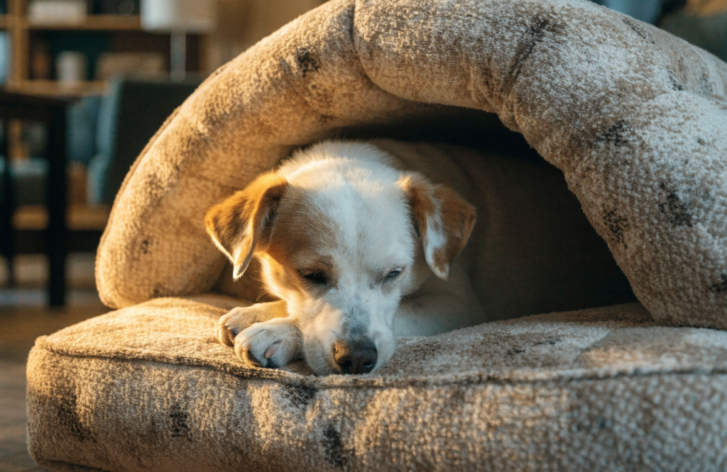 Small dog tucked inside a cozy cave dog bed