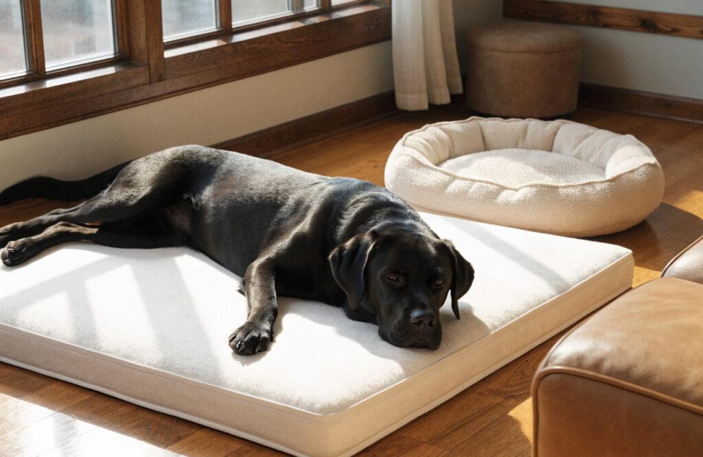 Large Labrador stretched out on a crib mattress beside a round dog bed that is too small