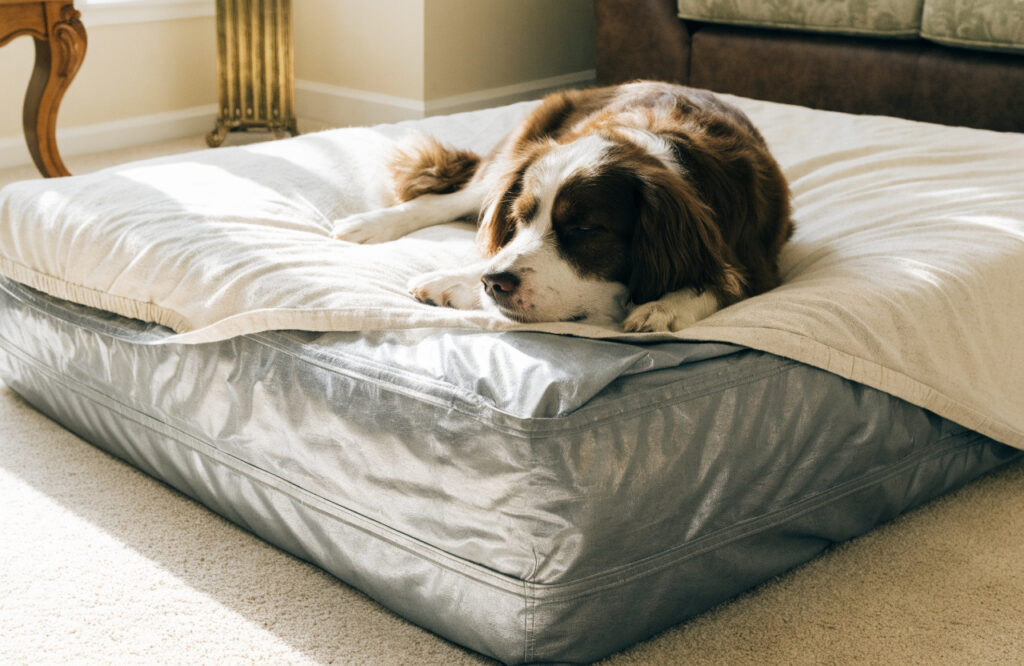 Crib mattress dog bed with a waterproof sheet under a washable fitted sheet, corner peeled back