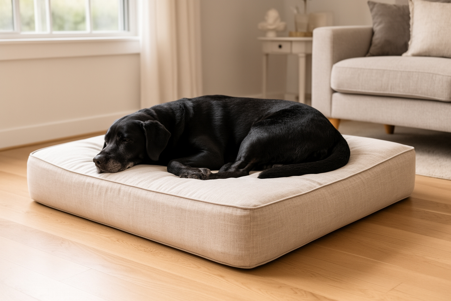 A crib mattress with a linen cover used as a floor dog bed, a black Labrador sleeping on it.