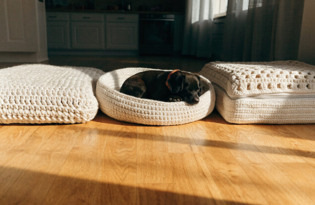 Three crochet dog beds side by side: a flat mat, a round donut bed and a crochet cover over foam
