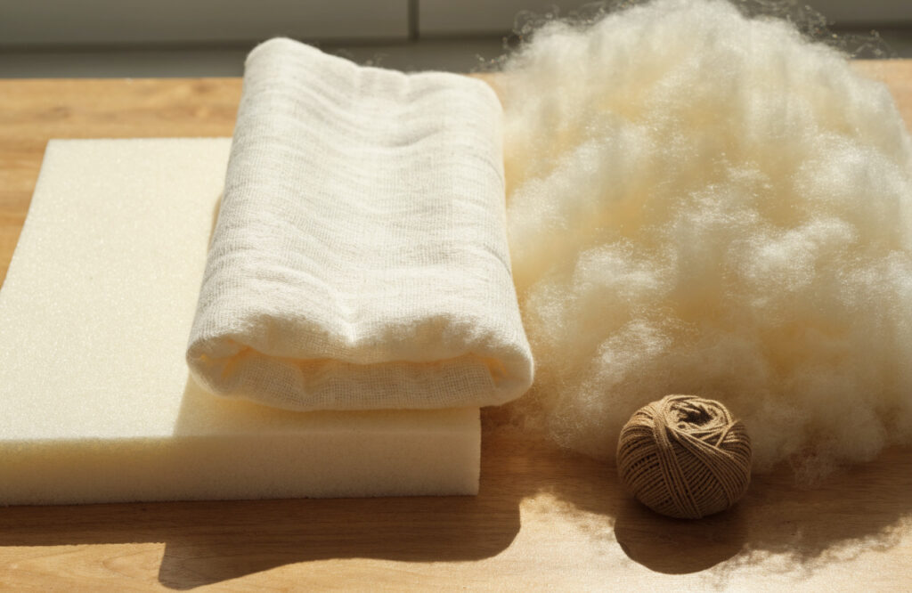 Firm foam, quilt batting and polyester fiberfill compared side by side