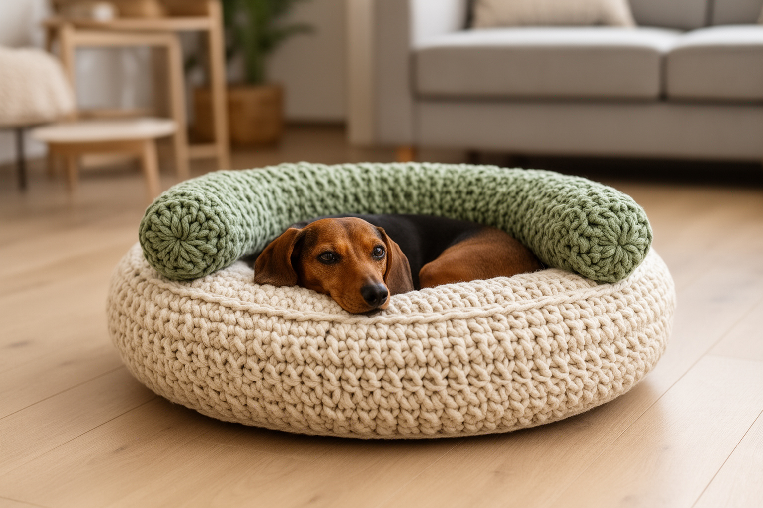 A round handmade crochet dog bed in cream and sage yarn with a dachshund curled inside.