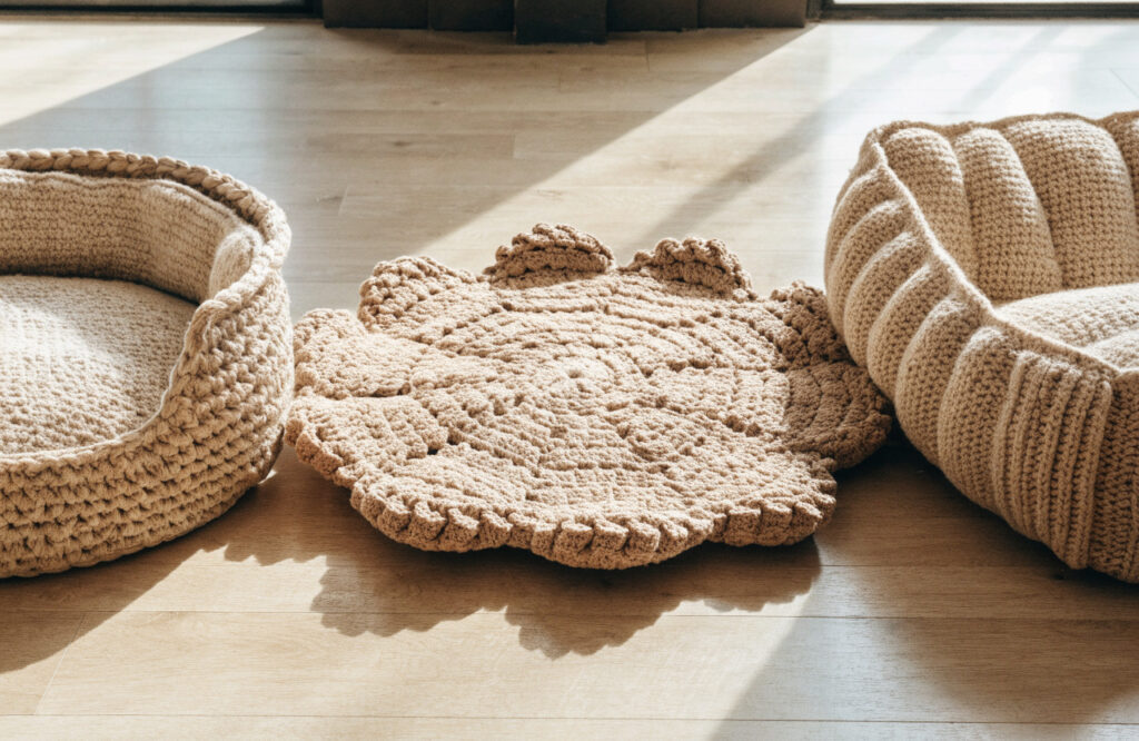 Three handmade crochet dog beds: a round basket bed, a granny-square mat and an oval bolster bed
