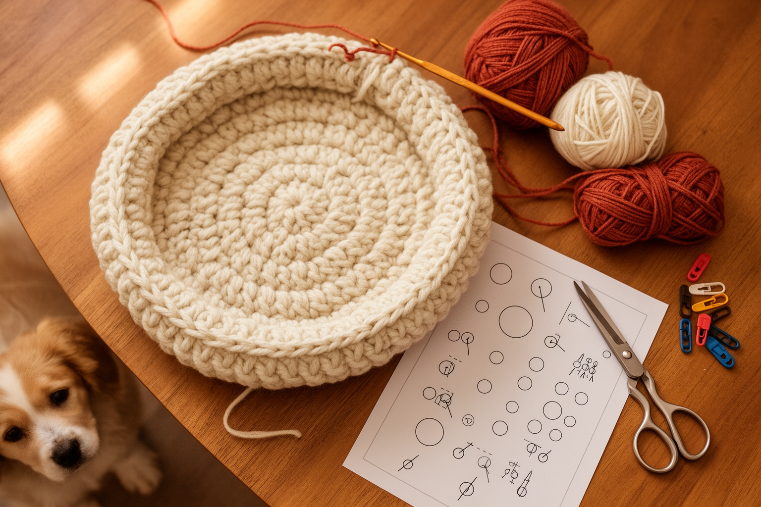 A half-finished crochet dog bed with yarn, crochet hook, scissors and a stitch pattern sheet.