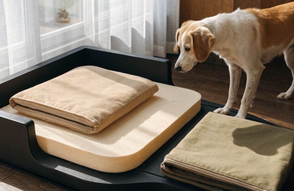 Custom dog bed with its removable cover off and a spare cover beside it