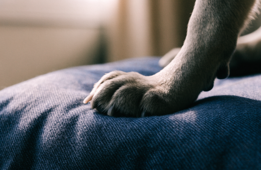 Dog paw on the diagonal twill of a denim dog bed