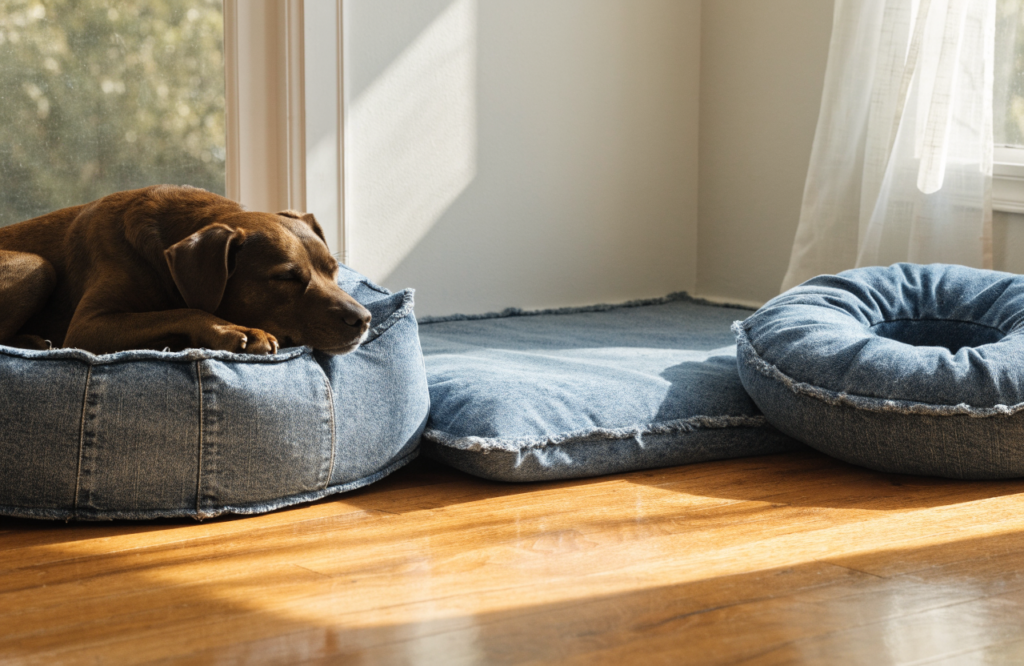 Denim bolster, flat pad and donut dog beds compared