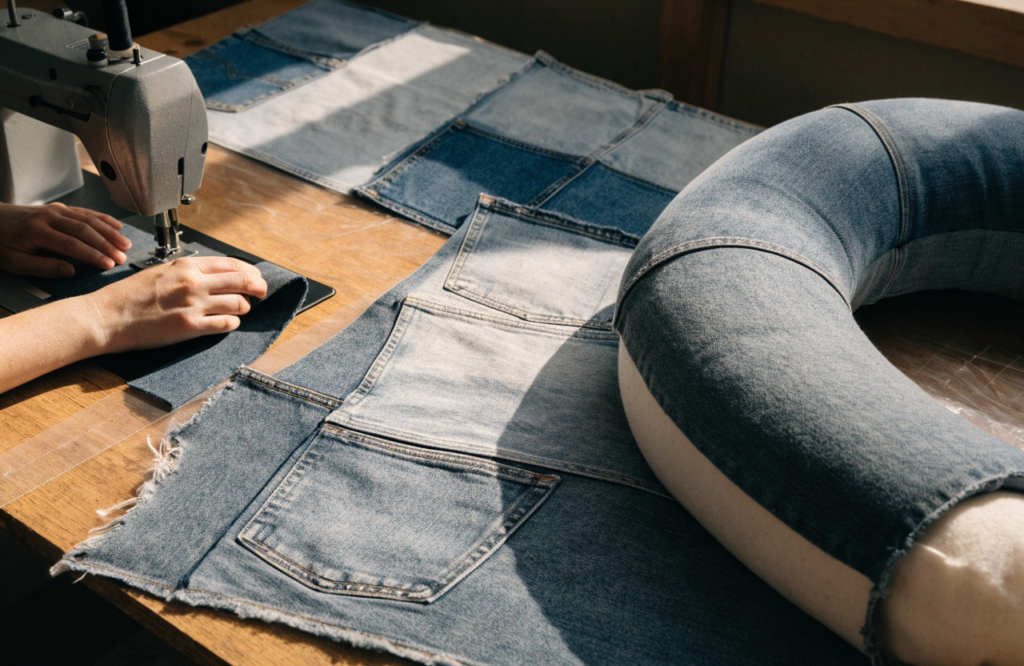 Sewing a dog bed from cut panels of old jeans