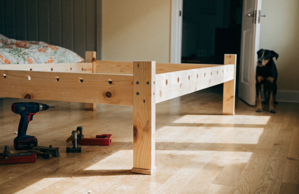 Pine queen platform bed frame being assembled