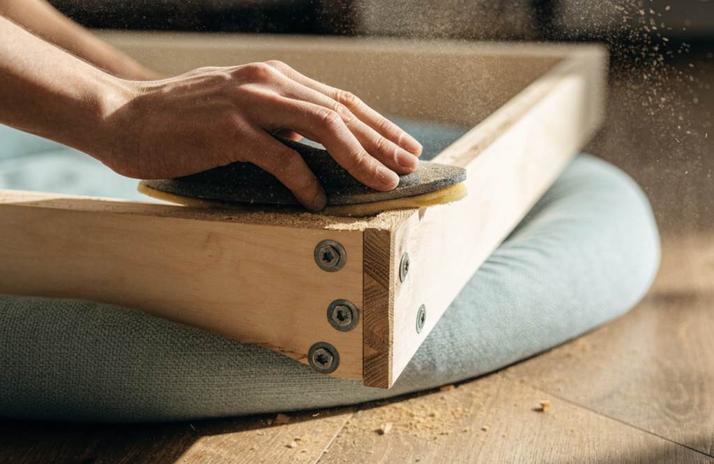 Sanding the edge of a DIY bed frame above a dog bed