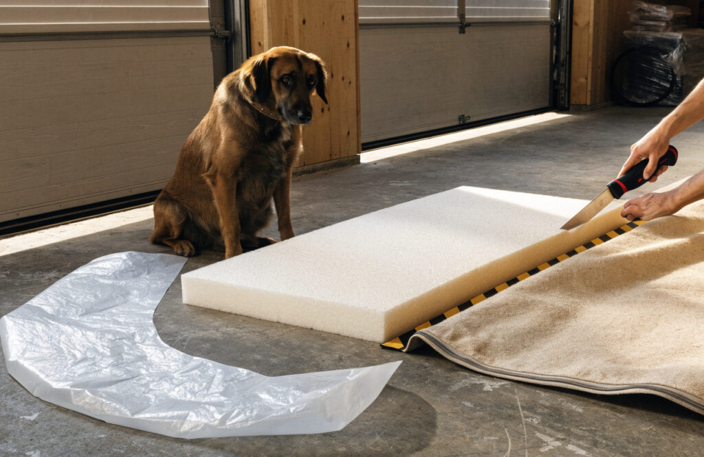 High-density foam slab being cut for a large DIY dog bed
