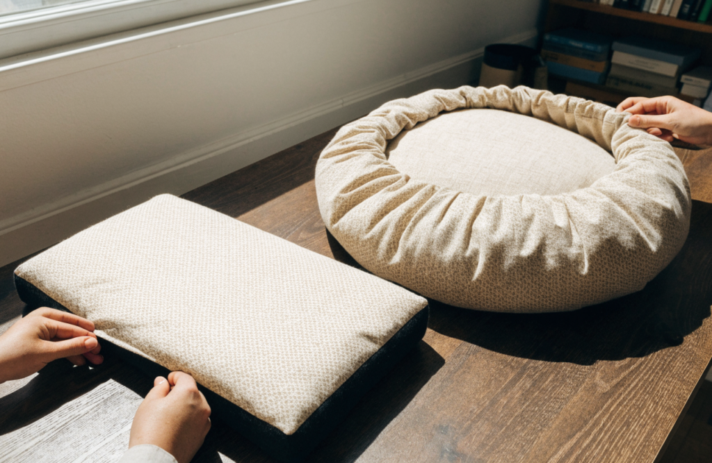 Flat and bolster dog bed inserts with covers being fitted