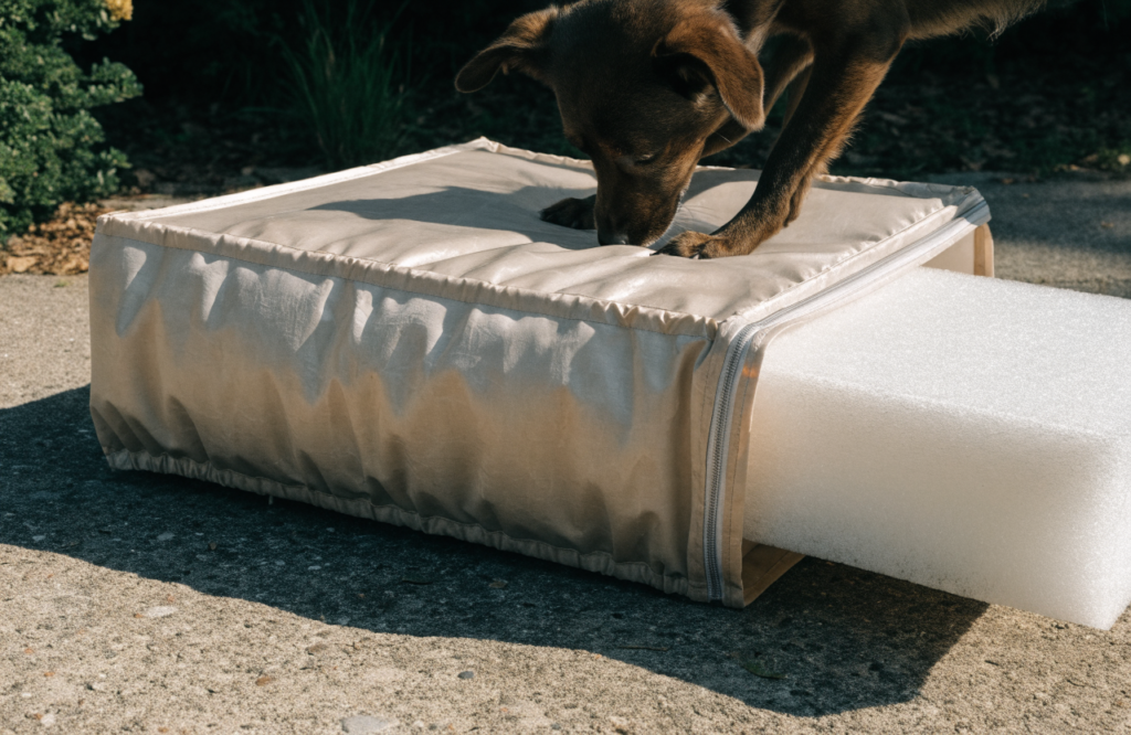 Dog sniffing a boxed zippered cover wrapped around a foam slab
