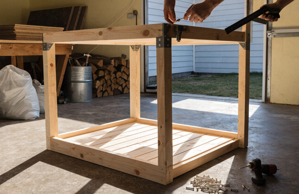 Upper platform of a wooden dog bunk bed being squared and attached to its corner posts