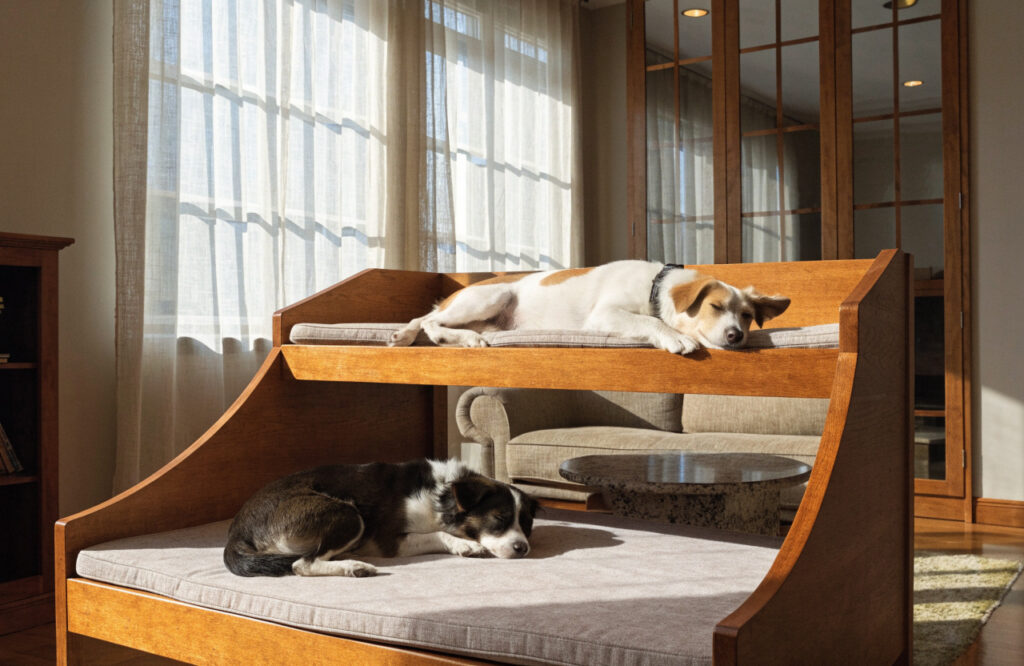 Finished wooden dog bunk bed with a fitted cushion on each level and two small dogs