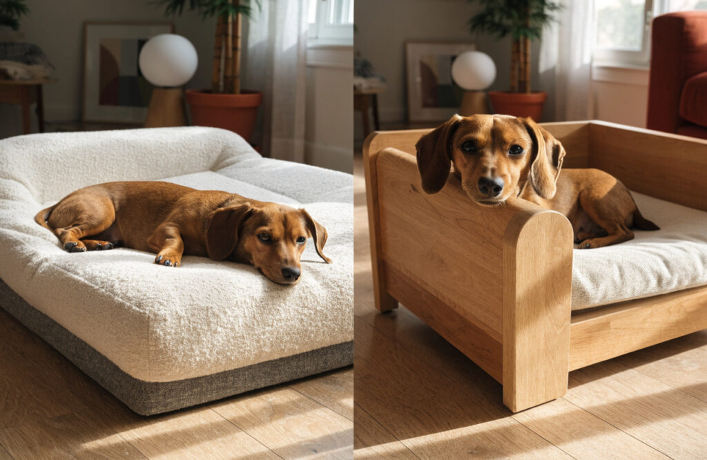 Dog on a flat cushion compared with the same dog resting its head on a wooden dog couch bed