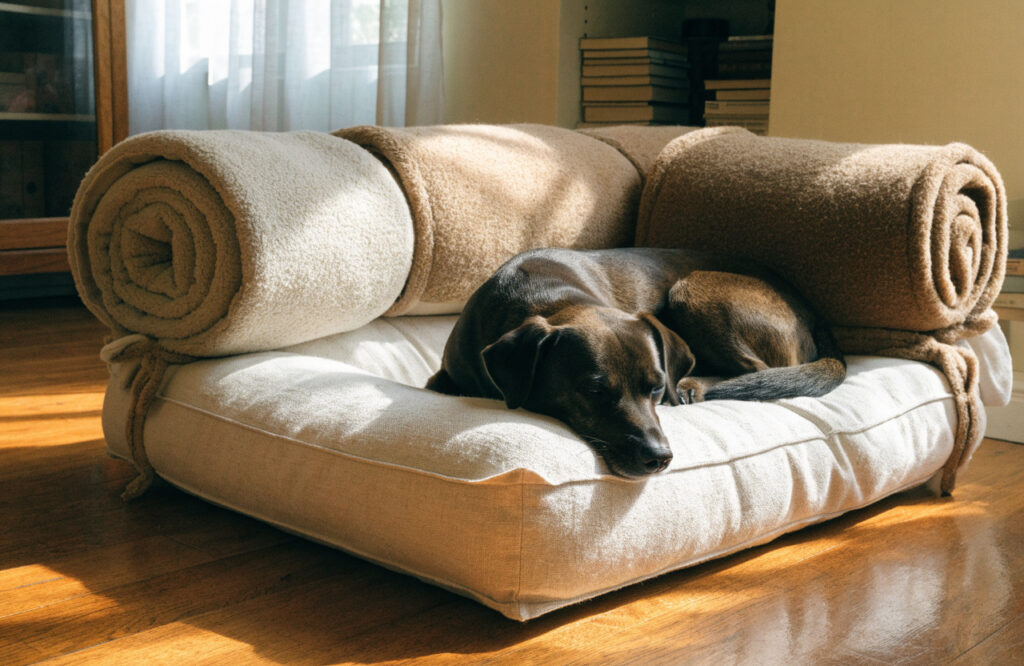 No-sew dog sofa bed made from a seat cushion and rolled pillows tied in a fleece blanket