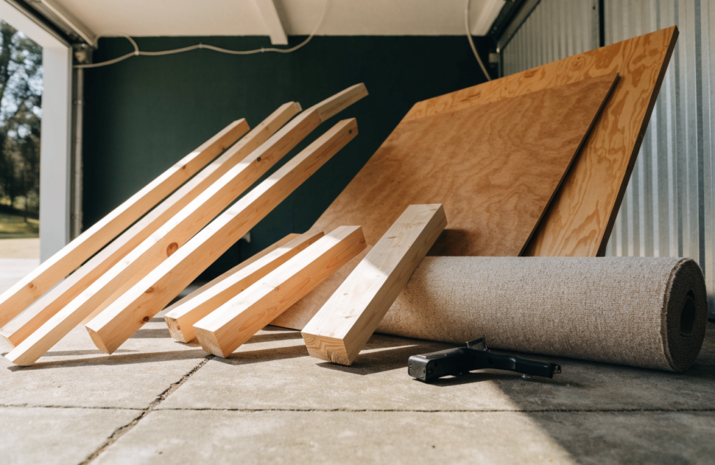 Pine rails, plywood, carpet and staple gun for a DIY dog ramp