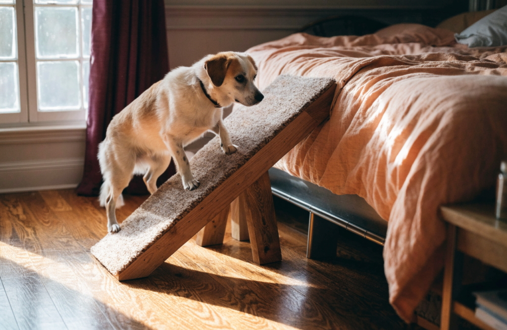 Dog walking up a finished carpeted DIY ramp to a bed