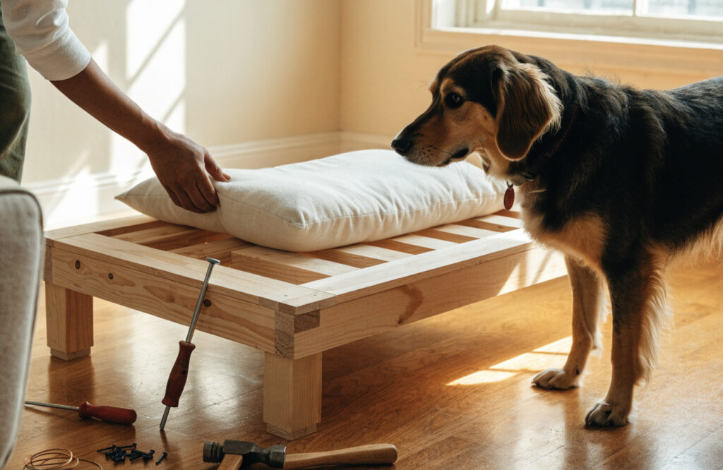 Slatted wooden dog bed platform with a thick cushion being placed on top