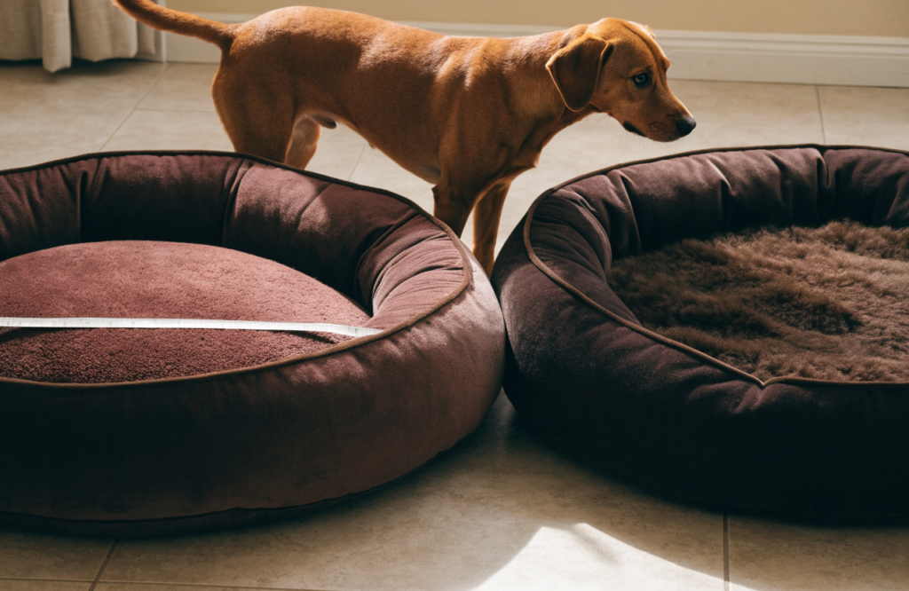 Two dog beds with the same size label and different sleeping areas