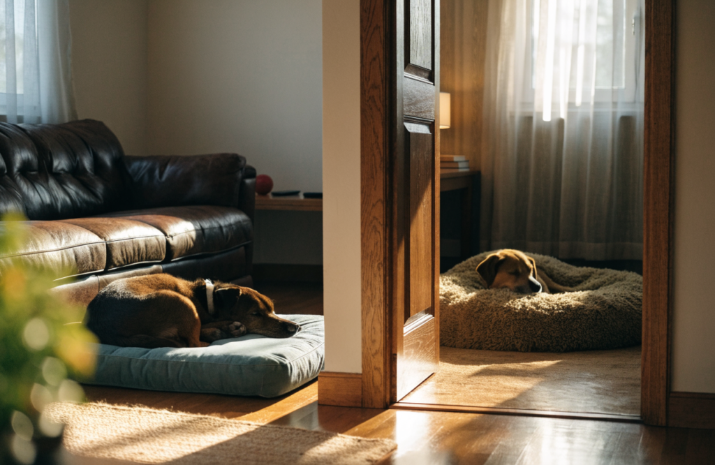 Daytime dog mat in the living room and a night bed in the bedroom