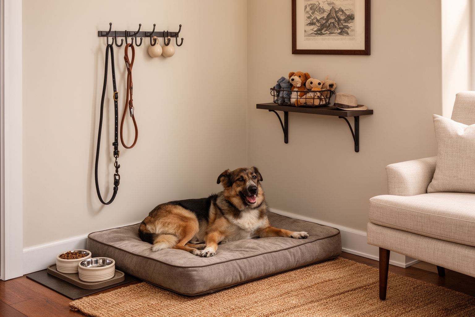 A dedicated dog bed area in a living room corner with leash hooks, toy shelf, bowls and a dog on the bed.