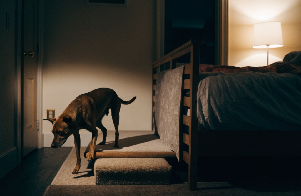 Dog stepping down from a bed platform onto a carpeted step