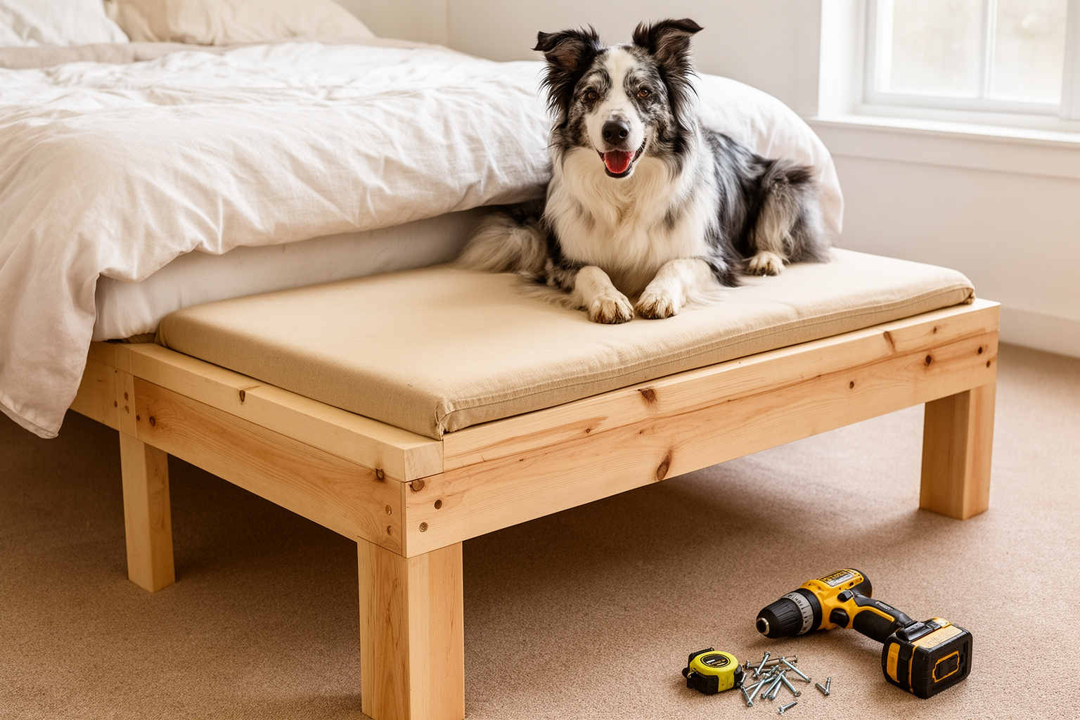 A DIY wooden platform built flush with a bed at mattress height, a border collie on top and a drill nearby.
