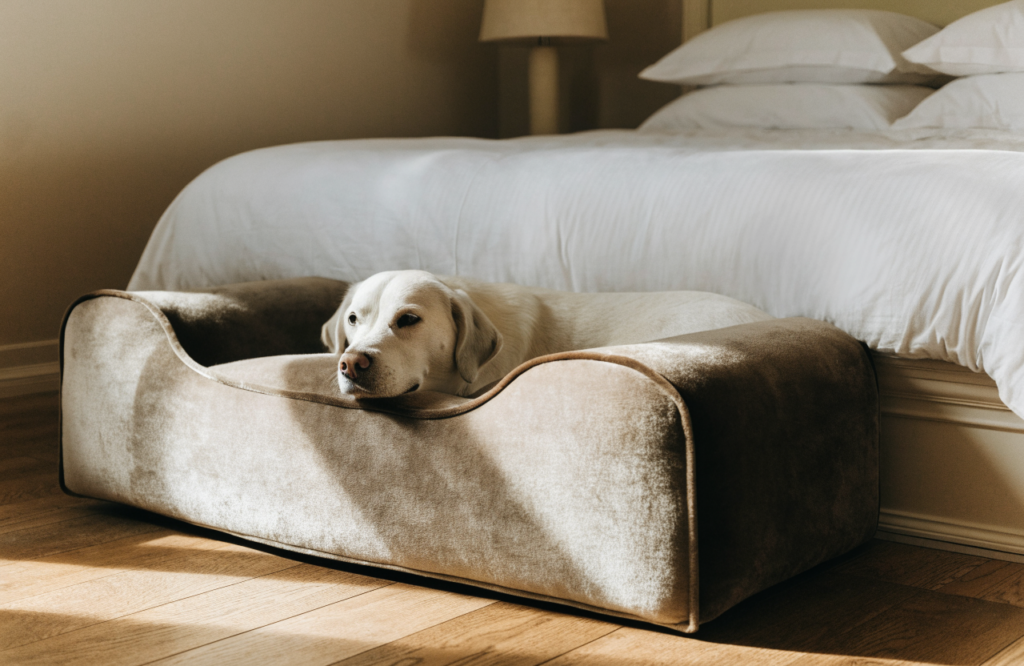 Dog in a three-sided bolster bed at the foot of the bed