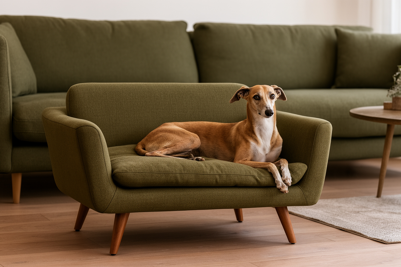 A furniture-style dog bed shaped like a small olive green sofa, a whippet lying on it.
