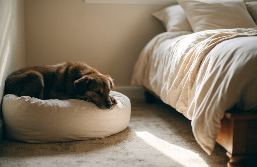 Dog bed beside the human bed out of the walking path