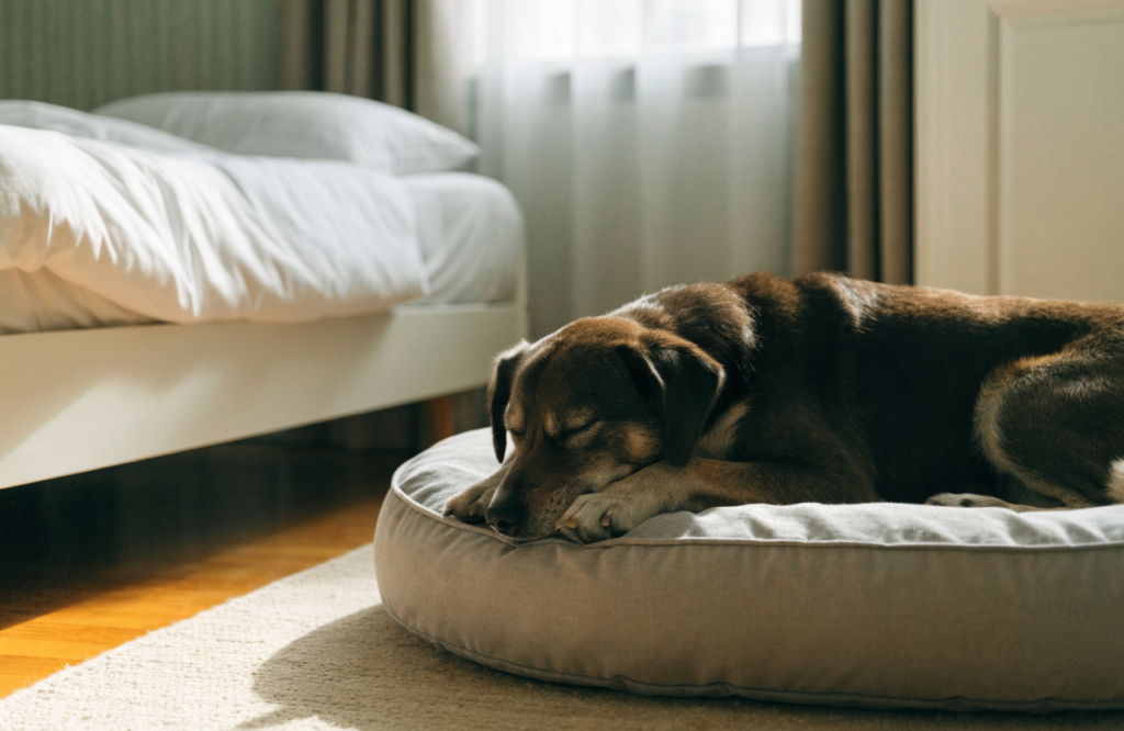 Dog asleep on a washable low-profile bed beside the human bed