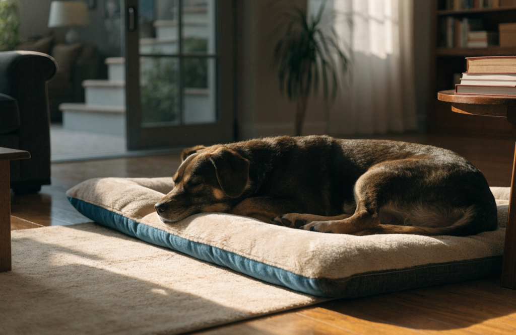 Dog bed placed on the sunny spot the dog already chooses