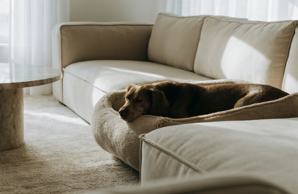 Dog bed beside the sofa in the same color palette