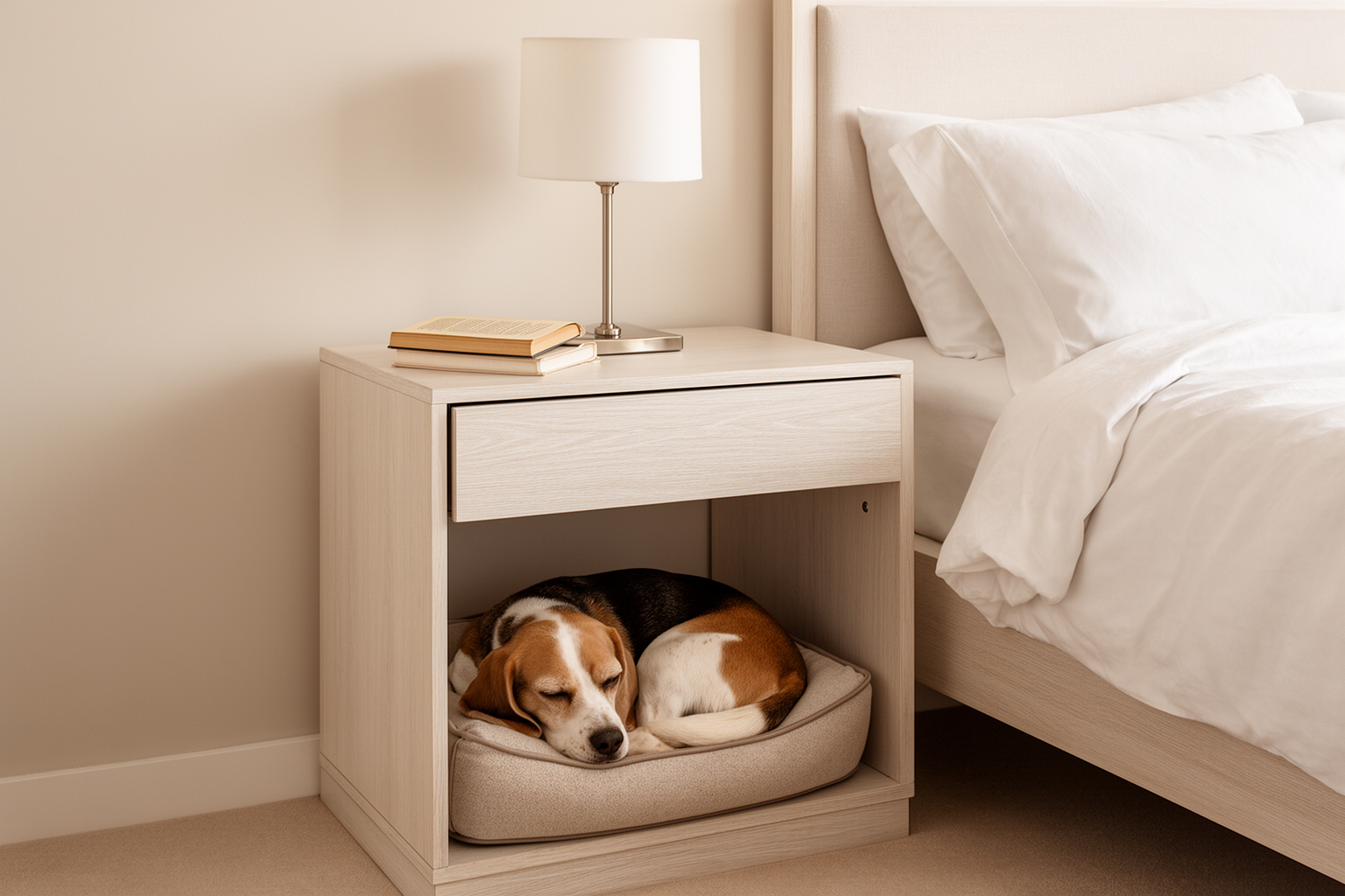 A white bedside nightstand with a dog bed in the lower compartment, a beagle asleep inside.