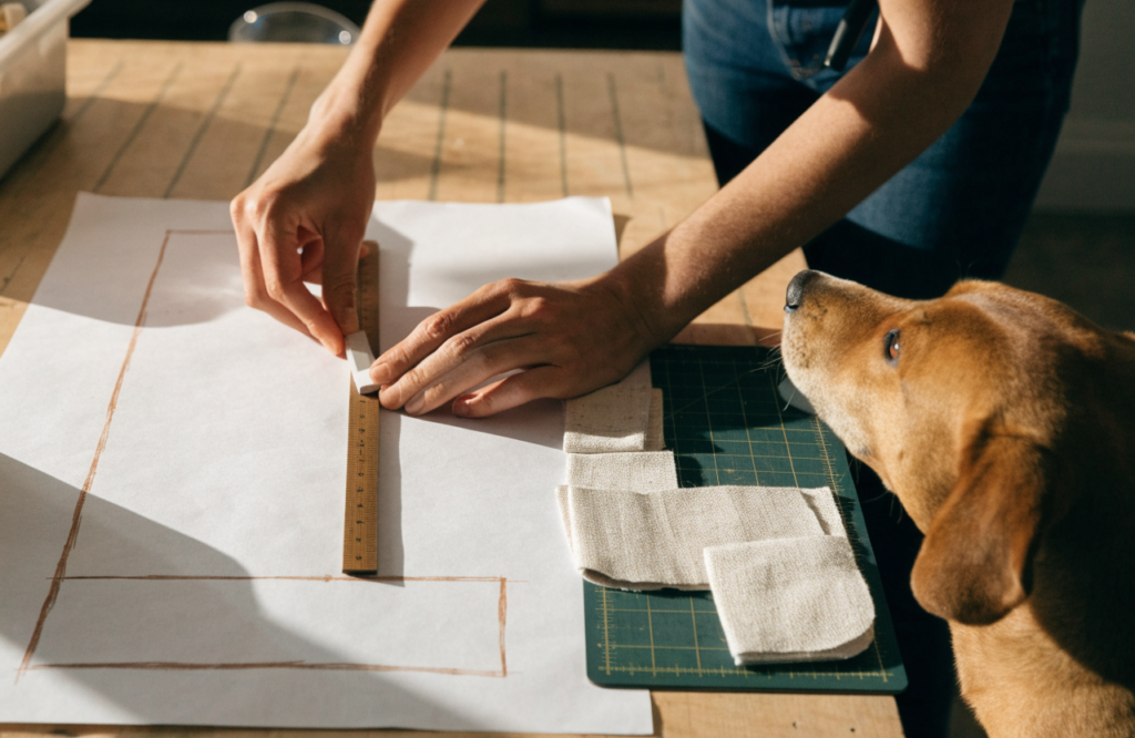 Drafting a rectangular dog bed pattern with a ruler and chalk