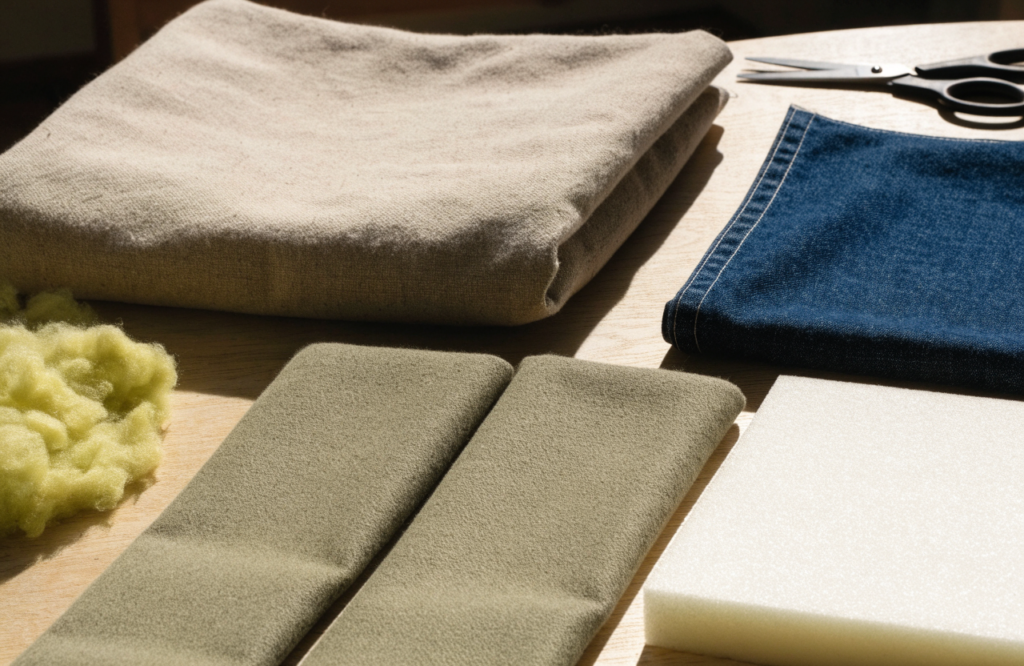 Canvas, denim, twill, fill and foam for sewing a dog bed