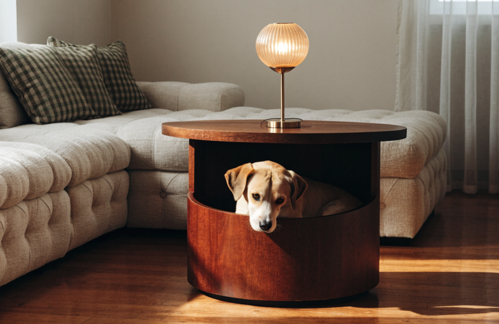 Dog peeking out of a round dog bed table beside a sofa
