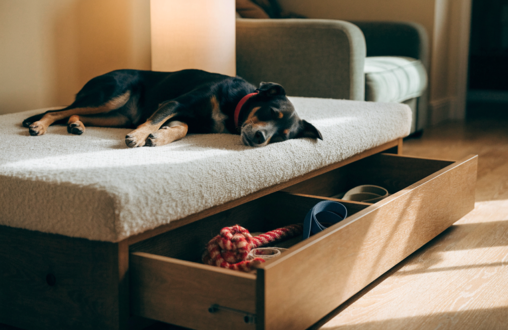 Dog asleep on a dog bed with a storage drawer underneath