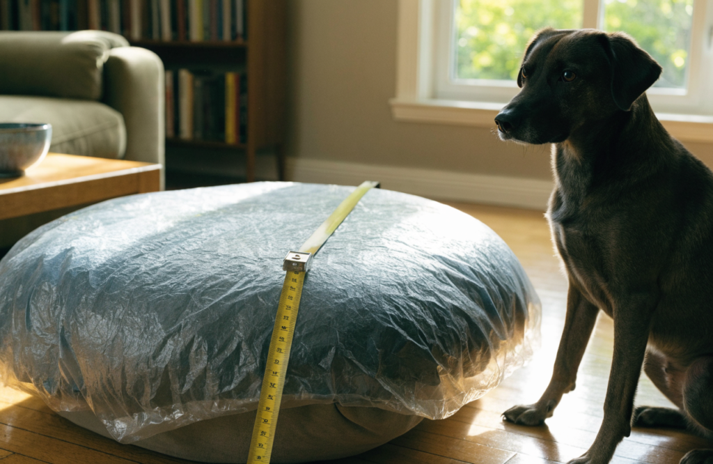 Measuring a covered dog bed with a tape as a dog watches