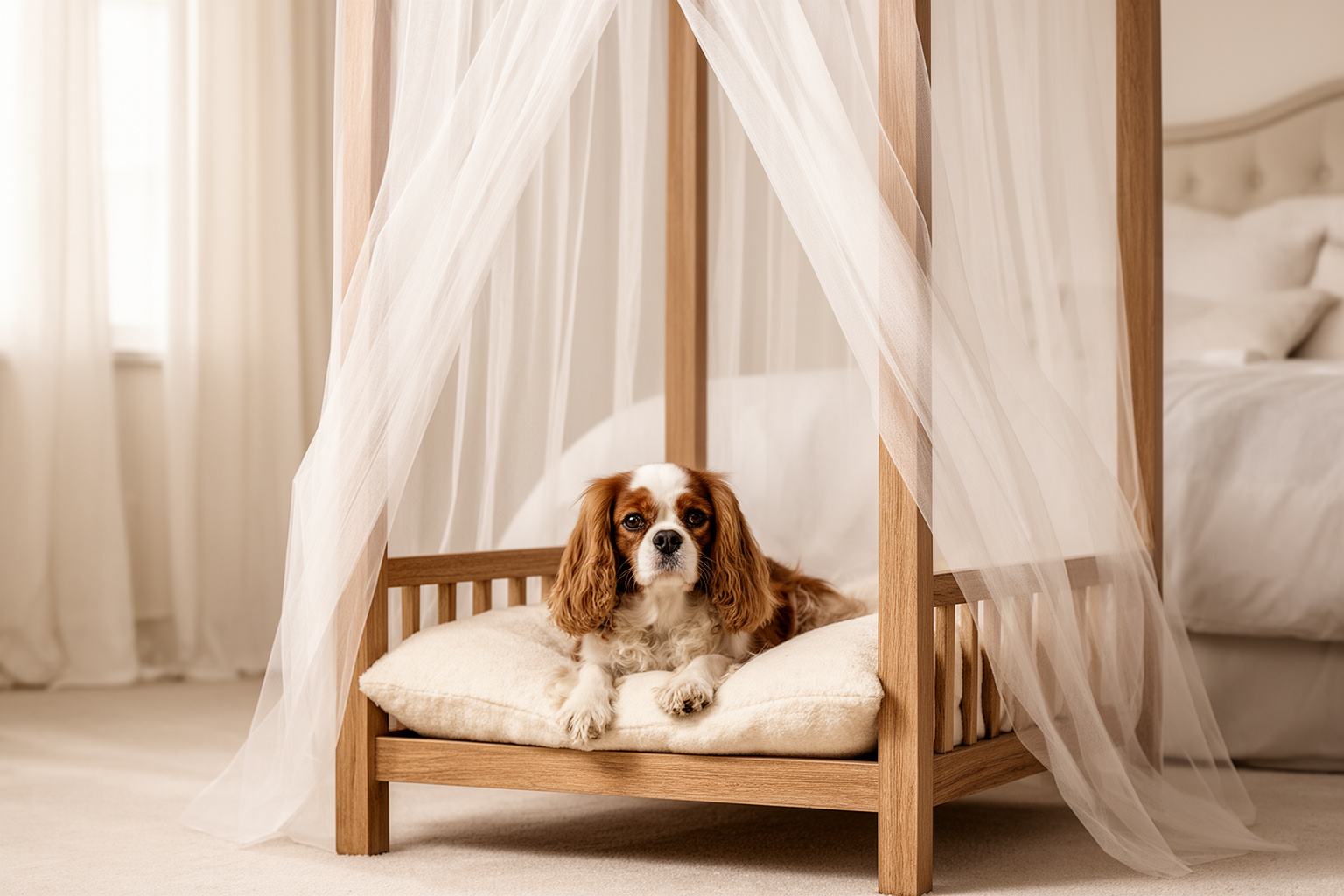 A wooden four-post dog canopy bed with sheer white drapes, a Cavalier King Charles Spaniel inside.