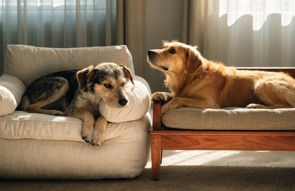 Soft bolster sofa bed beside a framed wooden dog couch
