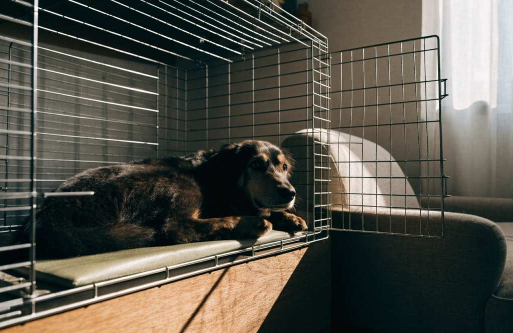 Adult dog lying on a firm pad inside a wire crate