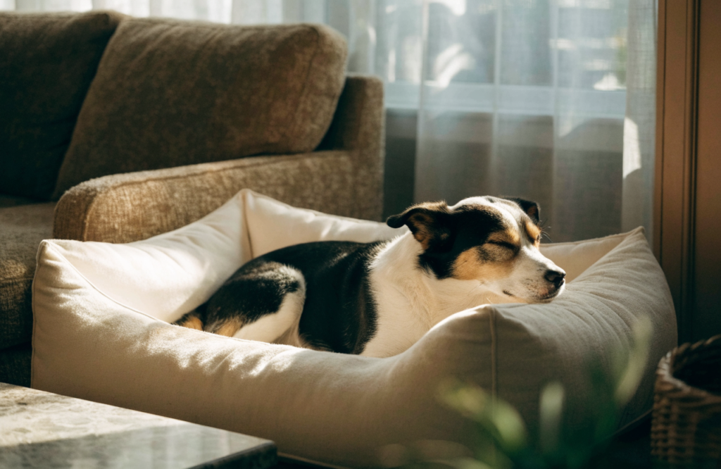 Dog resting on a day bed beside the living room sofa