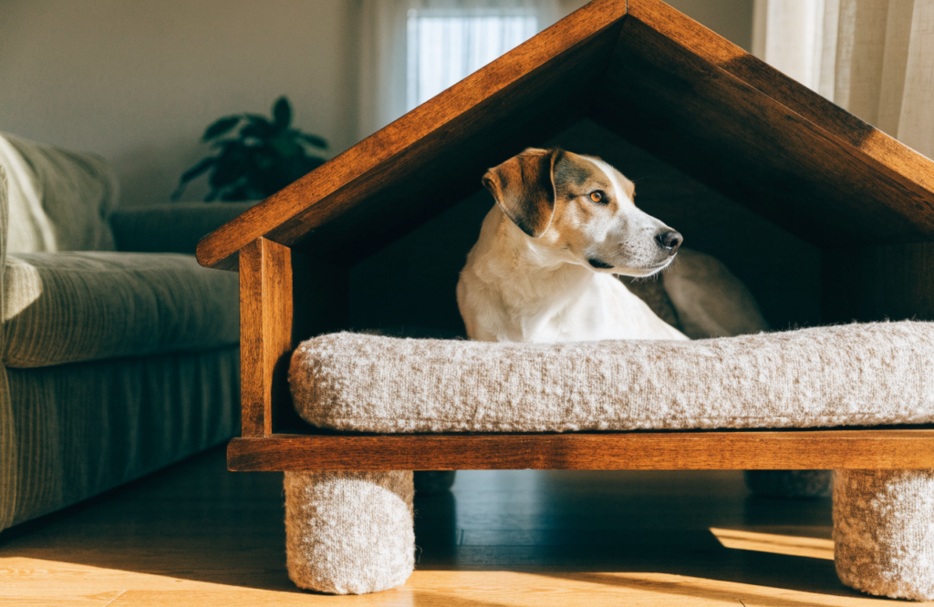 Dog inside a roomy wooden dog house bed in the living room