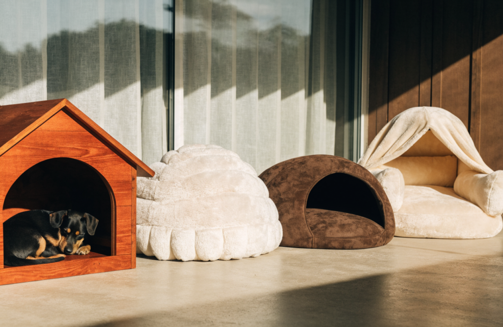 Dog house, igloo, cave and hooded dog beds lined up